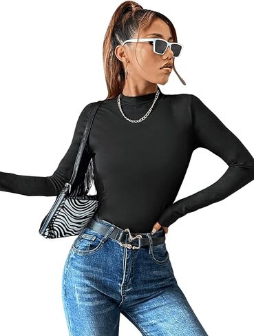 SweatyRocks Women's Fringe Tassel Long Sleeve High Neck T Shirt Tassel Trim Fitted Tee Top in Saudi Arabia