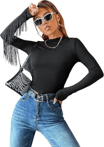 SweatyRocks Women's Fringe Tassel Long Sleeve High Neck T Shirt Tassel Trim Fitted Tee Top in Saudi Arabia