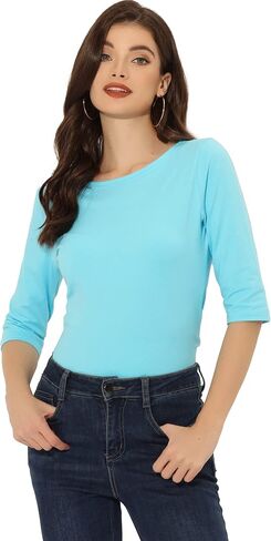 Allegra K Women Elbow Sleeves Round Neck Slim Fit Tee in Kuwait
