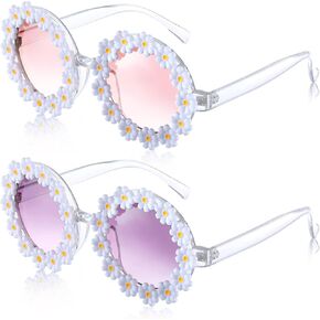 2 Pairs Daisy Flower Sunglasses for Women Round Flower Glasses for Adult kids Decor with Glasses Cloth Flannel Bag