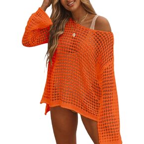 Crochet Coverups for Women Sexy Crochet Swim Cover Up Hollow Out Long Sleeve Beach Bikini Swimsuit Knit Mesh Cover Up Top
