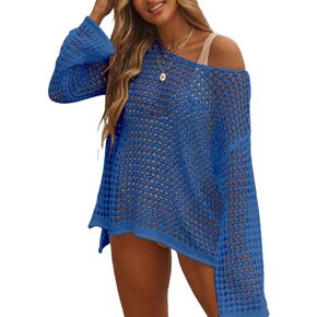 Crochet Coverups for Women Sexy Crochet Swim Cover Up Hollow Out Long Sleeve Beach Bikini Swimsuit Knit Mesh Cover Up Top