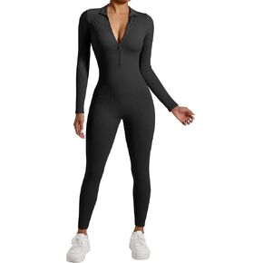 OMKAGI Women Long Sleeve Zip Front One Piece Jumpsuits Ribbed High Neck Workout Yoga Romper