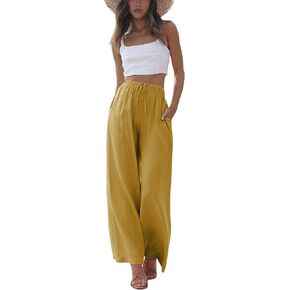 Bianstore Women's Cotton Linen Palazzo Pants Flowy Wide Leg Elastic Waist Summer Beach Pants Trousers in Kuwait