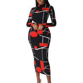Women's Sexy Stretchy Midi Dress Long Sleeve Bodycon Print Party Club Dresses