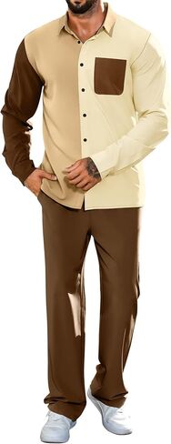 LecGee Mens 2 Piece Color Block Outfits Casual Long Sleeve Color Block Shirts and Pants Matching Set Sweatsuit in Saudi Arabia