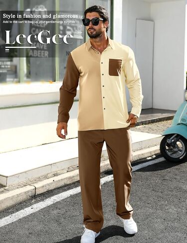 LecGee Mens 2 Piece Color Block Outfits Casual Long Sleeve Color Block Shirts and Pants Matching Set Sweatsuit in Saudi Arabia