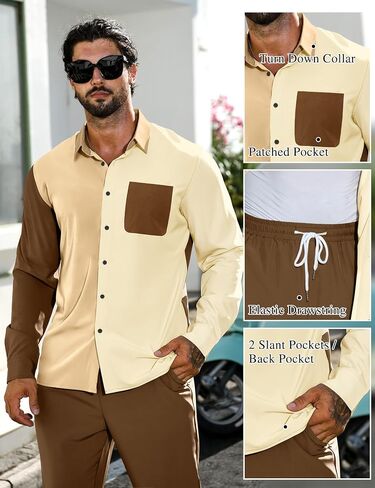 LecGee Mens 2 Piece Color Block Outfits Casual Long Sleeve Color Block Shirts and Pants Matching Set Sweatsuit in Saudi Arabia