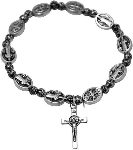 Saint Benedict Medal Bracelet - 2 Styles - Gemstone or Pure Metal - Perfect Gift for Men - Christian Jewelry (Pewter Metal Beads) in Saudi Arabia