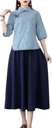 Women's Tang Dress Outfit Mandarin Collar Qipao Top Tea Length Skirt 19th Century Chinese Traditional School Girl Costume in Saudi Arabia