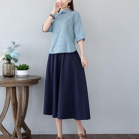 Women's Tang Dress Outfit Mandarin Collar Qipao Top Tea Length Skirt 19th Century Chinese Traditional School Girl Costume in Saudi Arabia