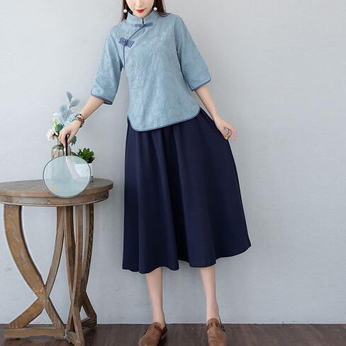 Women's Tang Dress Outfit Mandarin Collar Qipao Top Tea Length Skirt 19th Century Chinese Traditional School Girl Costume in Saudi Arabia