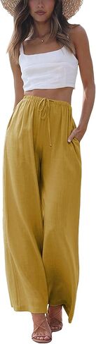 Bianstore Women's Cotton Linen Palazzo Pants Flowy Wide Leg Elastic Waist Summer Beach Pants Trousers in Kuwait
