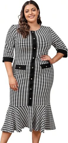 WDIRARA Women's Plus Size Houndstooth Button Front Round Neck Split Hem Bodycon Dress in Kuwait