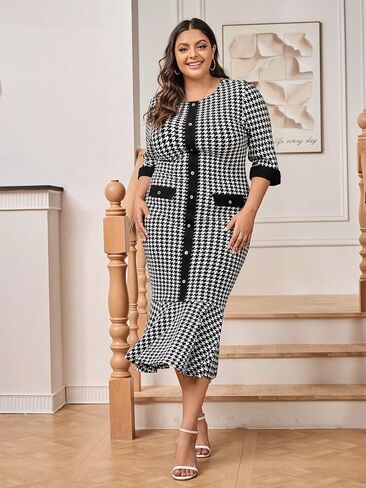 WDIRARA Women's Plus Size Houndstooth Button Front Round Neck Split Hem Bodycon Dress in Kuwait