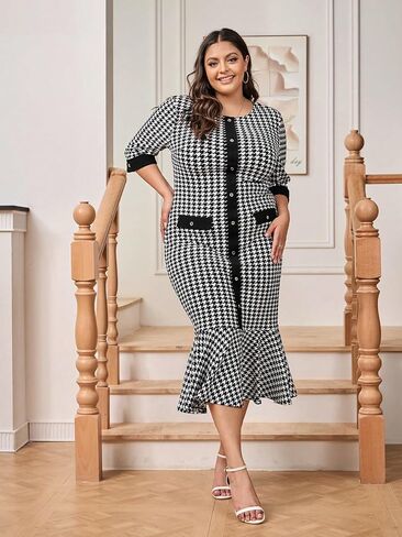 WDIRARA Women's Plus Size Houndstooth Button Front Round Neck Split Hem Bodycon Dress in Kuwait