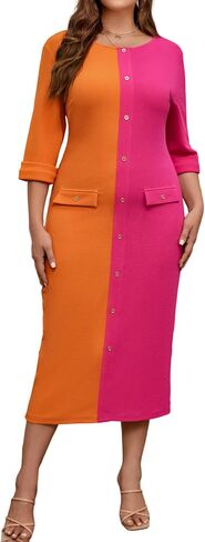 WDIRARA Women's Plus Size Houndstooth Button Front Round Neck Split Hem Bodycon Dress in Kuwait