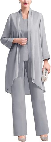 Zongqiven طقم ملابس رسمية مكون من 3 قطع من الشيفون لأم العروس لضيوف حفل الزفاف باللون الرمادي الفاتح in Kuwait
