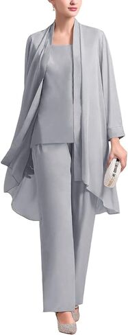 Zongqiven طقم ملابس رسمية مكون من 3 قطع من الشيفون لأم العروس لضيوف حفل الزفاف باللون الرمادي الفاتح in Kuwait