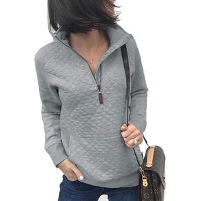 Women's Fashion Quilted Pattern Long Sleeve Casual Zipper Sweatshirt Solid Color Pullover Shirt Top.JNINTH