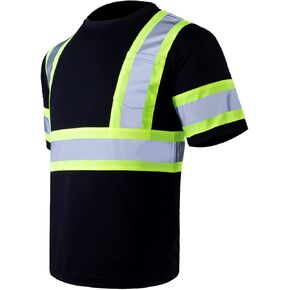 Men's High Vis Class 2 Safety T Shirt ANSI Reflective Work Short Sleeve Shirt with Black Bottom(Black,S)
