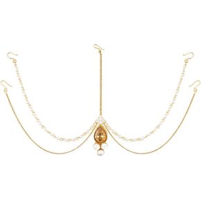 I Jewels 18k Gold Plated Indian Wedding Bollywood Pearl Head Piece/Head Bands/Head Chain/Mathapatti/Maang Tikka for Women (T1083)