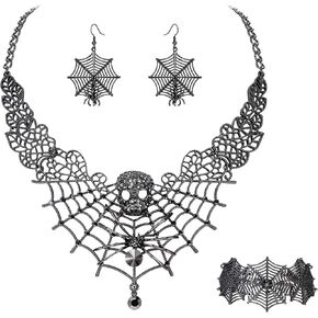 BriLove Halloween Costume Spider Cobwebs Crystal Necklace Earrings Set Gothic Skull Pendant Collar Jewelry Set for Women Girls Cosplay Party Prom