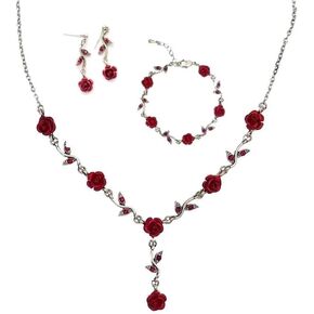 Azusa Sun 3 Pcs 18 Gold Necklace Long Pendant Necklace For Women Girls Red Rose Pendent Bracelet Flower Jewelry Rose Dangle Earrings Set For Birthday Party Wedding Mother’s Day Gifts in Saudi Arabia