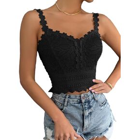 SHENHE Women's Lace Trim Smocked Sleeveless Cute V Neck Cropped Tank Top Camisole