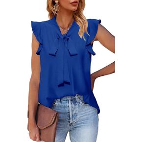 WIHOLL Womens Tie Neck Chiffon Blouses Summer Causal Ruffle Trim Sleeveless Tops Shirts in Saudi Arabia