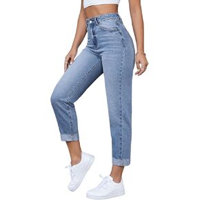 SweatyRocks Women's High Waist Bleach Wash Roll Hem Mom Fit Zipper Fly Jeans with Pocket