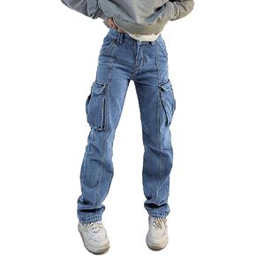 Women's Mid Waist Pocket Cargo Jeans Washed Baggy Wide Leg Denim Pants（ Order 1 Size UP）