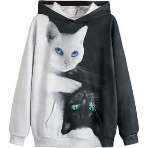 WDIRARA Women's Cat Graphic Print Color Block Long Sleeve Pocket Hoodie Sweatshirt in Saudi Arabia