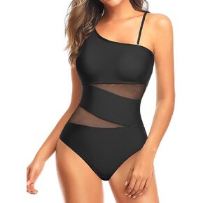 Tempt Me Women One Shoulder One Piece Swimsuits Full Coverage Cutout Mesh Sexy Bathing Suits Tummy Control Swimwear