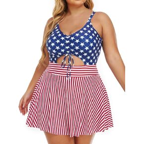 Summer Mae Women's Plus Size One Piece Swim Dress Floral Cutout Swimsuits V-Neck Bathing Suit with Skirt