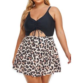Summer Mae Women's Plus Size One Piece Swim Dress Floral Cutout Swimsuits V-Neck Bathing Suit with Skirt