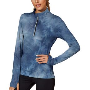 icyzone Workout Long Sleeve Shirts for Women - Yoga Running Tops Quarter Zip Pullover Exercise T-Shirts with Thumb Holes