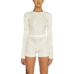 Mtsebmves Women Y2k Long Sleeve One Piece Rompers Jumpsuit Floral Print Bodycon Bodysuit Shorts Pajama Onesie