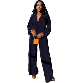 Fastkoala Sexy Two Piece Outfits for Women Casual Long Sleeve Pleated Button Down Shirt Flare Wide Leg Sweatsuits Set