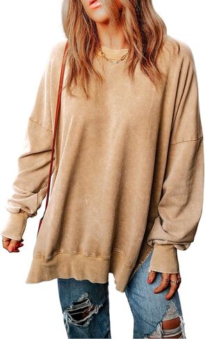 بلوفر نسائي كبير الحجم من aviviRuth بكتف منسدل وأكمام طويلة وحواف مضلعة وفضفاضة in Kuwait