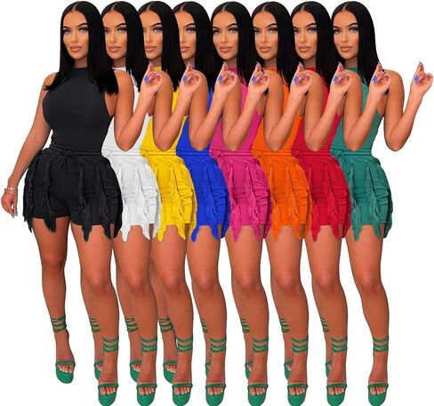 Two Piece Outfits for Women Casual Solid Sleeveless One Piece Tank Tops Fringe Pants Drawstring Shorts Jumpsuits in Kuwait