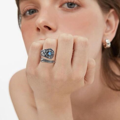 Zaoune 100% Apollo Silver Vintage Spoon Ring Boho for Women Cross Victorian Open Adjustable Statement Flower Jewelry in Kuwait