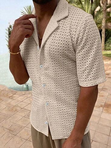 Verdusa Men's Casual Hollow Out Short Sleeve Lapel Collar Button Up Shirts in Saudi Arabia