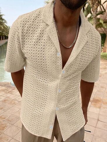 Verdusa Men's Casual Hollow Out Short Sleeve Lapel Collar Button Up Shirts in Saudi Arabia