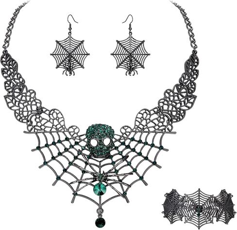 BriLove Halloween Costume Spider Cobwebs Crystal Necklace Earrings Set Gothic Skull Pendant Collar Jewelry Set for Women Girls Cosplay Party Prom in Kuwait