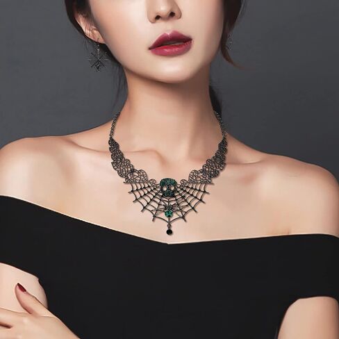 BriLove Halloween Costume Spider Cobwebs Crystal Necklace Earrings Set Gothic Skull Pendant Collar Jewelry Set for Women Girls Cosplay Party Prom in Kuwait