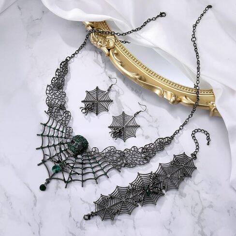BriLove Halloween Costume Spider Cobwebs Crystal Necklace Earrings Set Gothic Skull Pendant Collar Jewelry Set for Women Girls Cosplay Party Prom in Kuwait