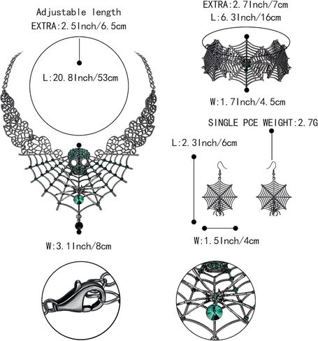 BriLove Halloween Costume Spider Cobwebs Crystal Necklace Earrings Set Gothic Skull Pendant Collar Jewelry Set for Women Girls Cosplay Party Prom in Kuwait