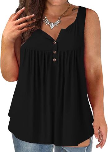 VISLILY Womens-Plus-Size-Tank-Tops Summer Sleeveless Henley Shirts Buttons Up Tunics Flowy Pleated Blouses in Kuwait