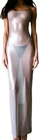 Women See Through Sheer Mesh Maxi Dress Swimsuit Cover Up Backless Split Bodycon Long Dress Beach Party in Kuwait